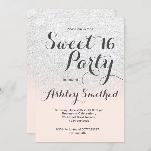 Modern girly faux white glitter ombre Sweet 16 Invitation