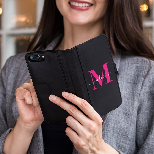 Modern Girly feminine Bold Hot Pink & Black  iPhone Wallet Case (Creator Uploaded)