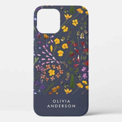 Modern girly floral colorful initial navy blue Cas iPhone 12 Case
