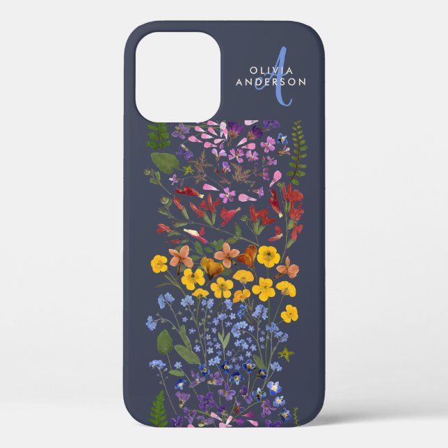 Modern girly floral colorful initial navy blue Cas Case-Mate iPhone Case (Back)
