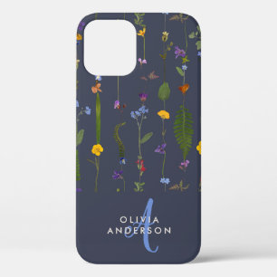 Modern girly floral colorful initial navy blue Cas iPhone 12 Case