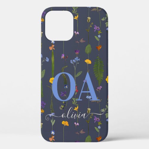 Modern girly floral colorful initial navy blue iPhone 12 case