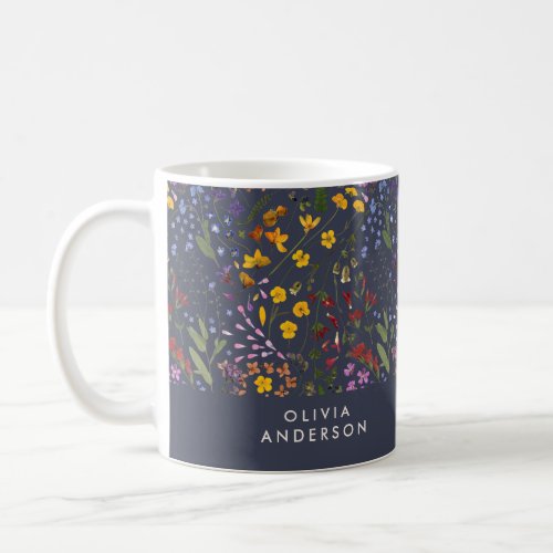 Modern girly floral colorful initial navy blue coffee mug