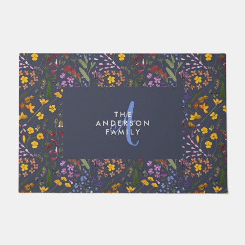 Modern girly floral colorful initial navy blue doo doormat