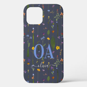 Modern girly floral colorful initial navy blue iPhone 12 case
