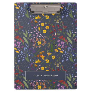 Modern girly floral colorful initial navy blue not clipboard