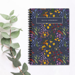 Modern girly floral colorful initial navy blue notebook
