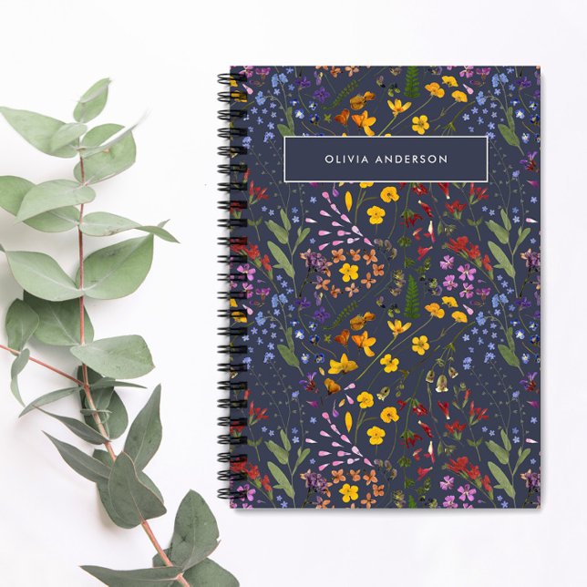 Modern girly floral colorful initial navy blue notebook (Creator Uploaded)