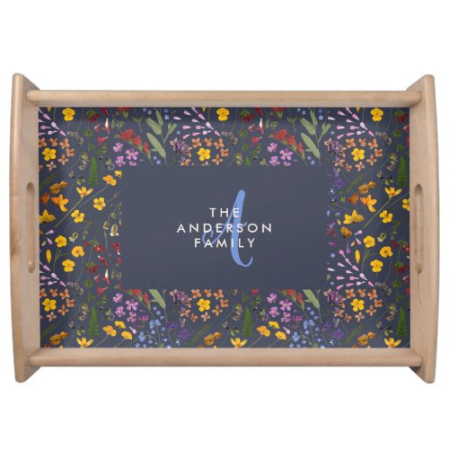Modern girly floral colorful initial navy blue serving tray