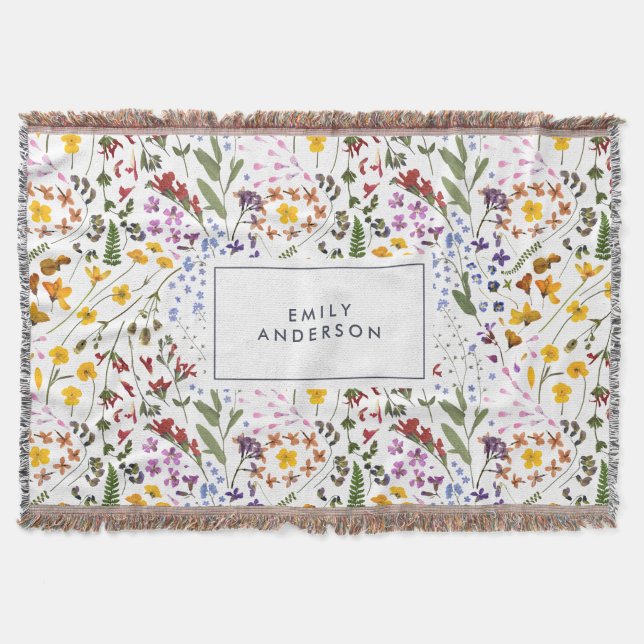 Modern girly floral colorful initial navy blue thr throw blanket (Front)