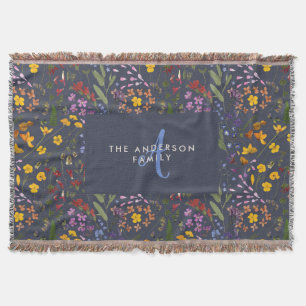 Modern girly floral colorful initial navy blue throw blanket