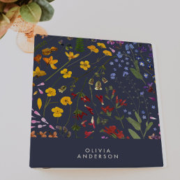 Modern girly floral colorful name navy blue 3 ring binder