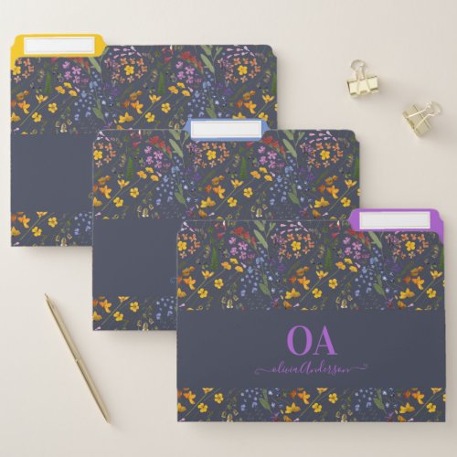 Modern girly floral colorful name navy blue 3 ring file folder