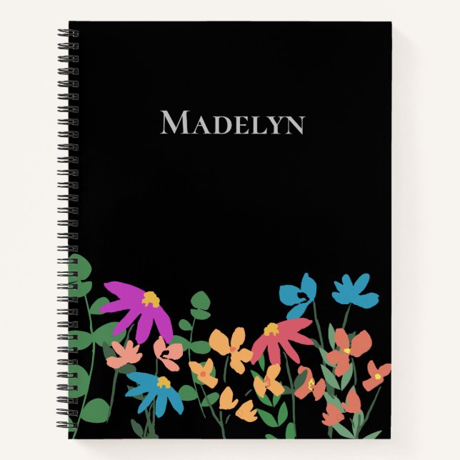Modern Girly Floral Colorful pattern black custom Notebook (Front)
