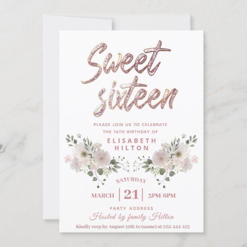 Modern girly floral Glitter typography sweet 16 Invitation
