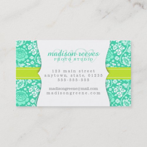 Modern Girly Floral Teal &amp; Lime Green Personalized Business Card
