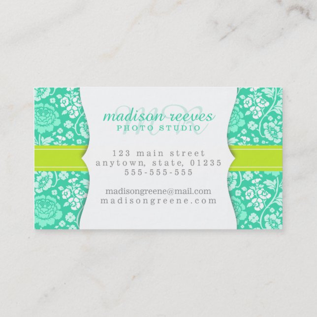Modern Girly Floral Teal & Lime Green Personalized Business Card (Back)
