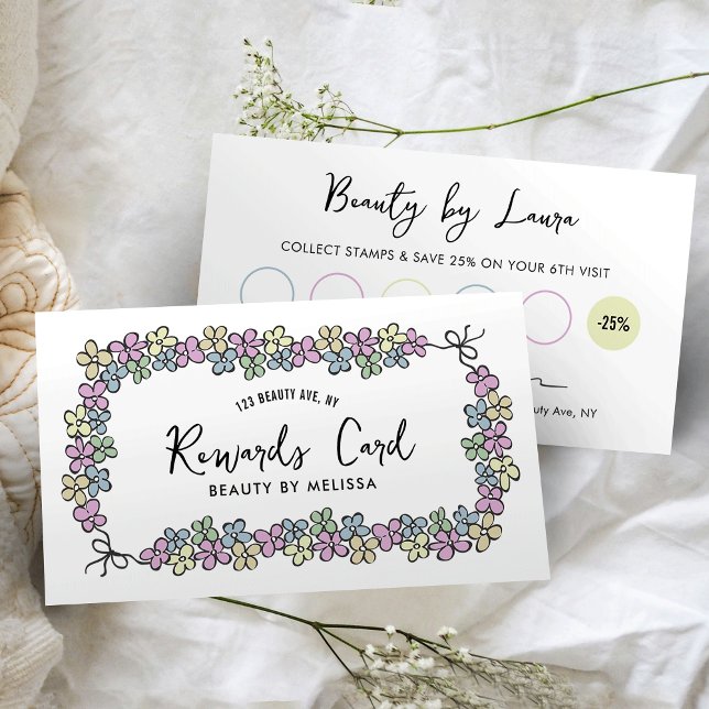 Modern Girly Floral Unique Boutique Salon Spa Loyalty Card (Elegant business loyalty cards with hand-drawn flower frame and trendy script fonts)