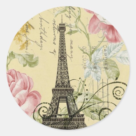 Modern Girly  floral Vintage Paris Eiffel Tower Classic Round Sticker