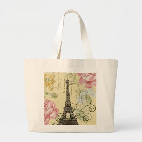 Modern Girly  floral Vintage Paris Eiffel Tower Large Tote Bag