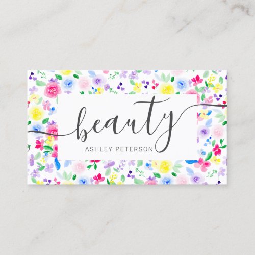 Modern girly floral watercolor beauty script font business card