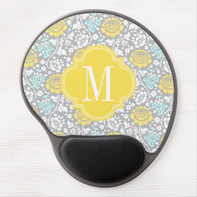 Modern Girly Floral Yellow Grey Personalized Gel Mouse Pad (Front)