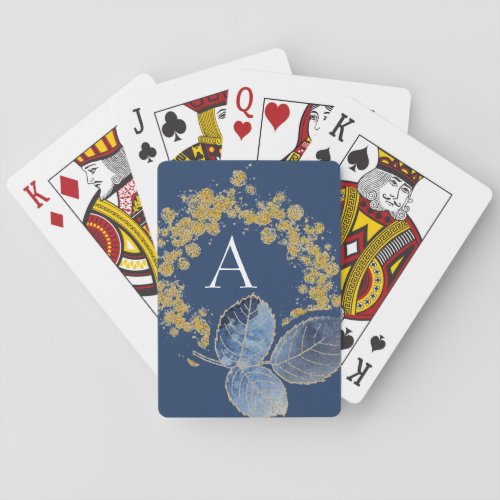 Modern Girly Gold and Blue Leaf Monogram Initial Poker Cards