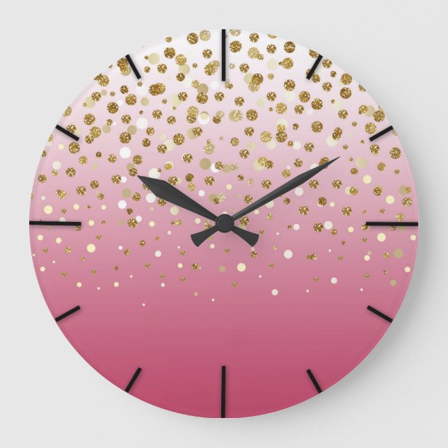 Modern Girly gold glitter confetti Pink Gradient Large Clock (Front)