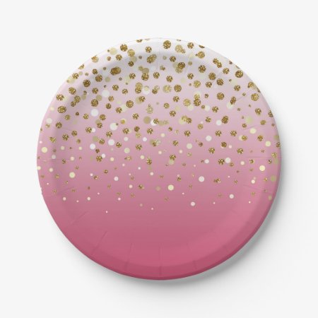 Modern Girly Gold Glitter Confetti Pink Gradient Paper Plates