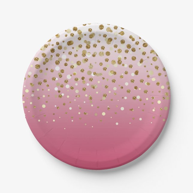 Modern Girly gold glitter confetti Pink Gradient Paper Plates (Front)