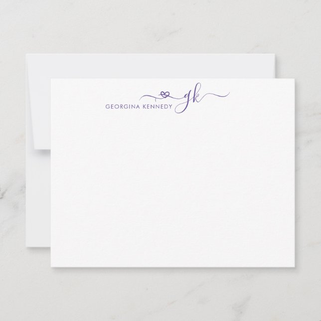 Modern Girly Heart Script 2 Monogram Purple Violet Note Card (Front)