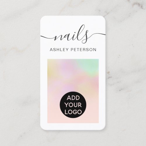 Modern girly holographic logo pink nails script business card