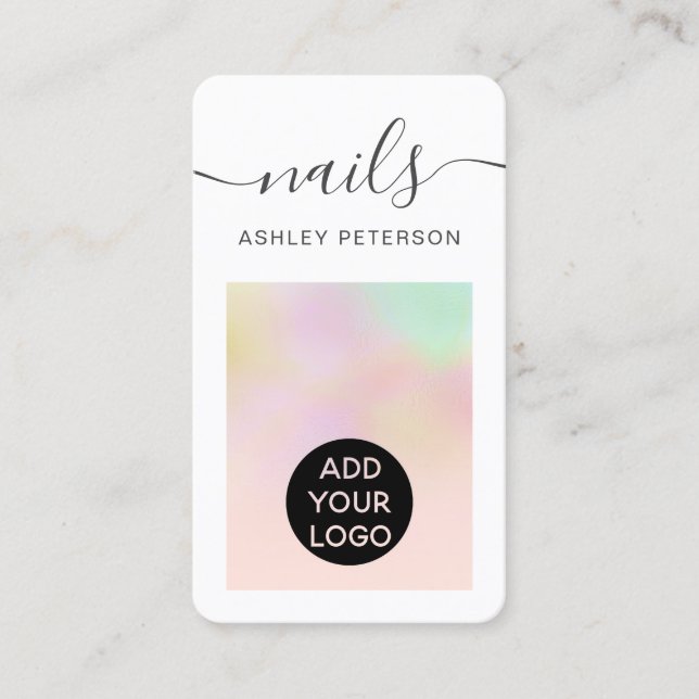 Modern girly holographic logo pink nails script business card (Front)