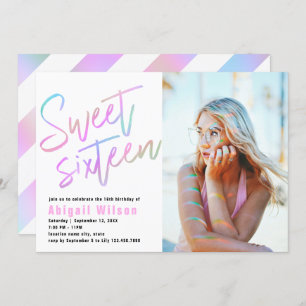 Modern girly holographic sweet sixteen birthday invitation