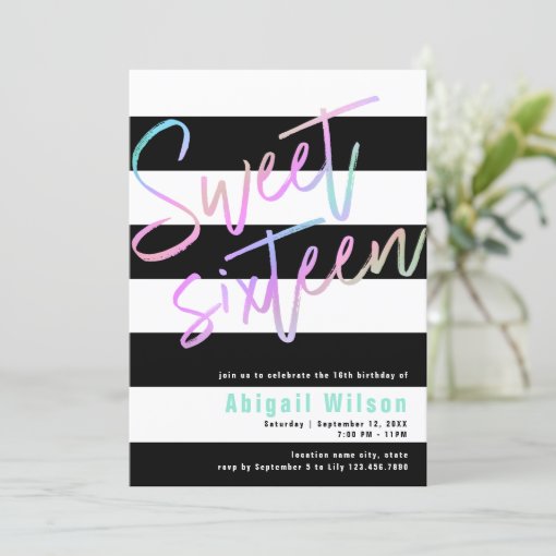 Modern girly holographic sweet sixteen birthday invitation | Zazzle