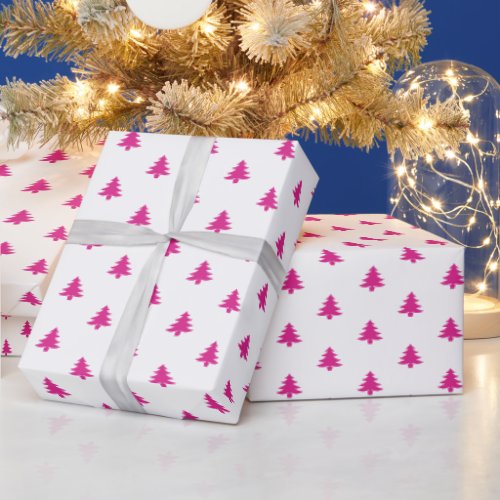 Modern Girly Hot Pink Christmas Trees on White Wrapping Paper