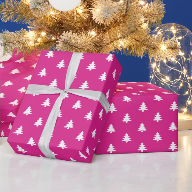 Modern Girly Hot Pink Christmas Trees Wrapping Paper (Holidays)
