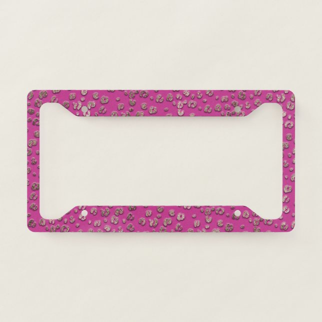 Modern Girly Hot Pink Glitter Leopard  License Plate Frame (Front)