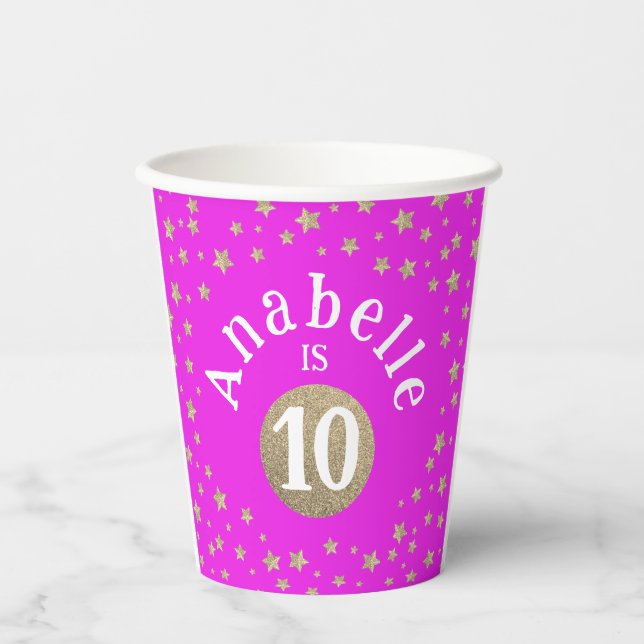 Modern Girly Hot Pink Gold Glitter Glitzy Stars Paper Cups (Front)
