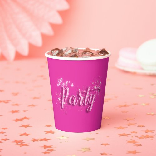 Modern Girly Hot Pink Gold Glitter Lets Party Paper Cups