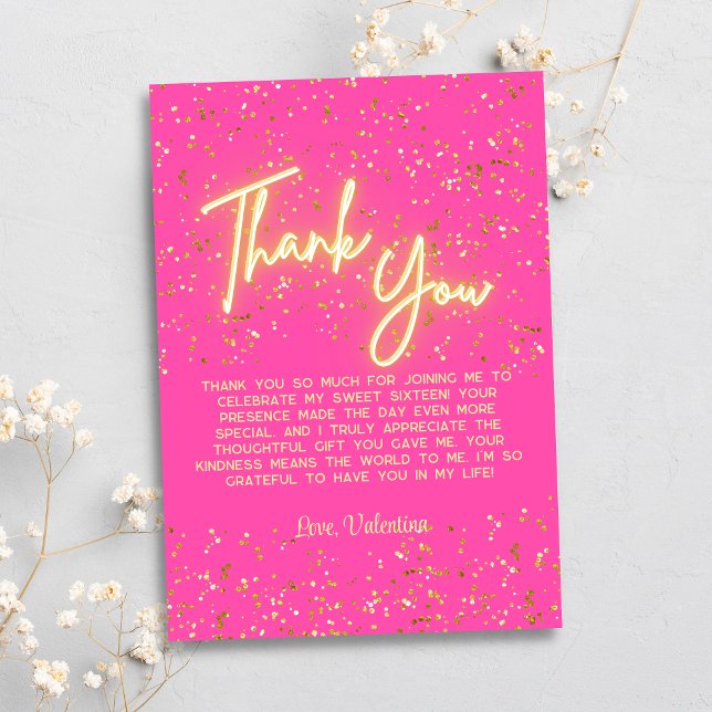 Modern Girly Hot Pink Neon Glow Thank You Script Card (Creator Uploaded)