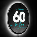 Modern Girly Ice Blue 60 and Sizzlin' LED Sign<br><div class="desc">Celebrate her big six oh in style with this modern illuminated LED sign,  which features striking black,  white,  and ice blue block and handwritten lettering set on a rich black to smoky grey background. 

Design © W.H. Sim. See more at zazzle.com/expressionsoccasions</div>