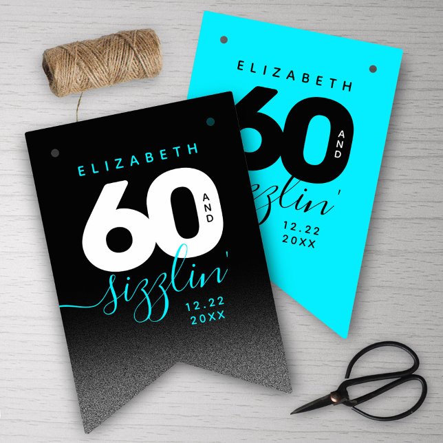 Modern Girly Ice Blue 60 and Sizzling Bunting Flags (Girly Ice Blue 60 and Sizzling Her 60th Birthday Bunting Flags Cover Photo.)