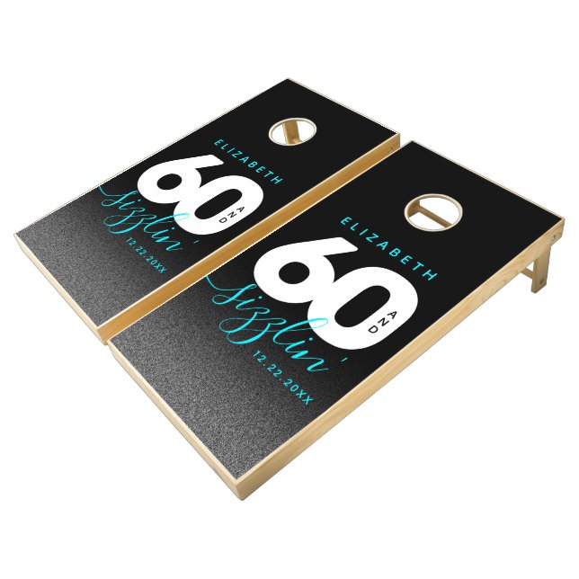 Modern Girly Ice Blue 60 and Sizzling Cornhole Set (Angled)