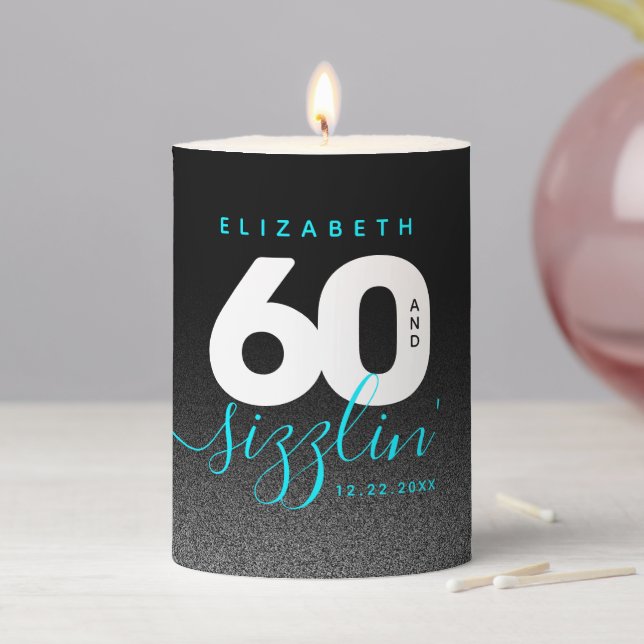 Modern Girly Ice Blue 60 and Sizzling Pillar Candle (In Situ)