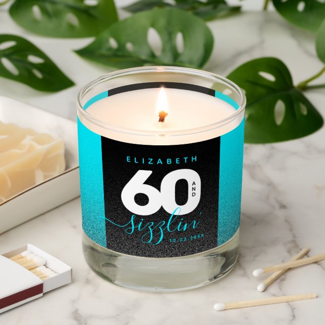 Modern Girly Ice Blue Glitter 60 and Sizzling Scented Candle (Lit)