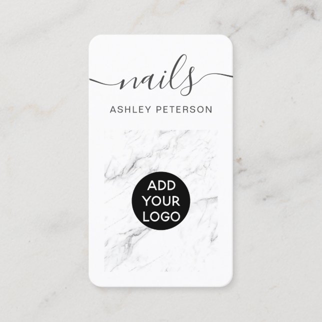 Modern girly luxury white marble nails script business card (Front)