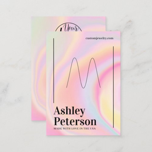 Modern girly marble rainbow script ring display business card