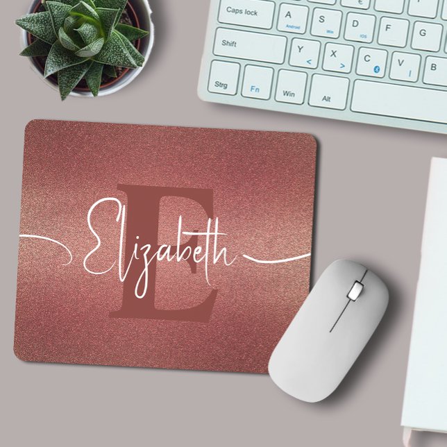 Modern Girly Maroon Red Glitter Monogram Name Mouse Pad (Creator Uploaded)