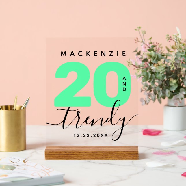 Modern Girly Mint Green 20 and Trendy Birthday Acrylic Sign (Wedding)